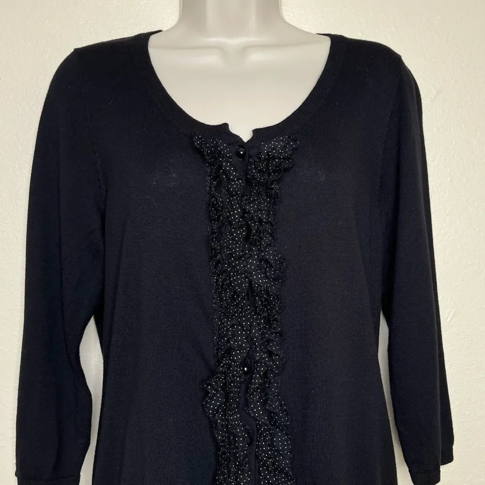 Talbots Silk Blend Button Front Polka Dot Ruffle Black Cardigan Womens Medium